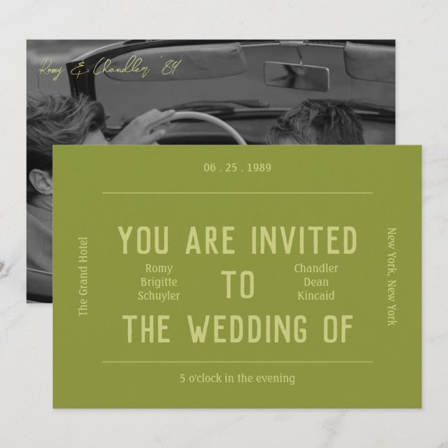 Invitación Boda verde monocromo retro vibrante (Anverso / Reverso)
