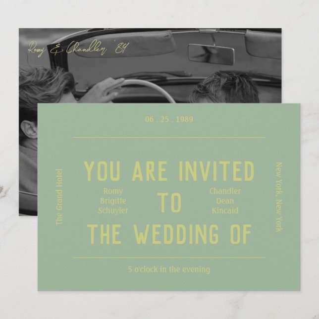Invitación Boda verde monocromo retro vibrante (Anverso / Reverso)