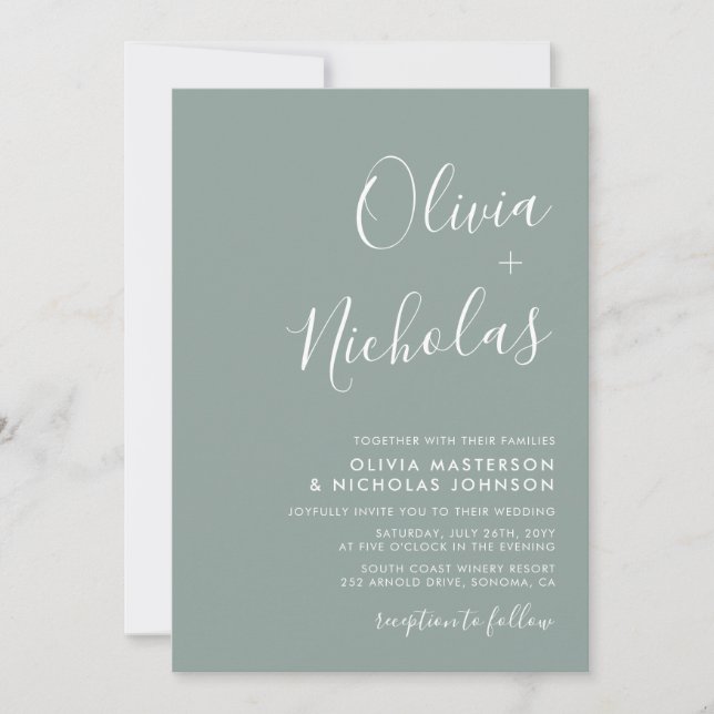 Invitación Boda verde monograma de escritura moderna mínima (Anverso)