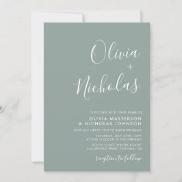 Invitación Boda verde monograma de escritura moderna mínima