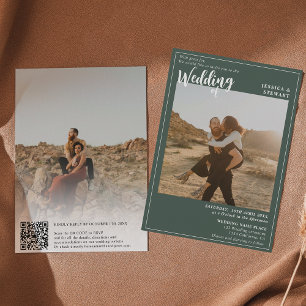 Invitación Boda verde negrita foto del guión código Qr