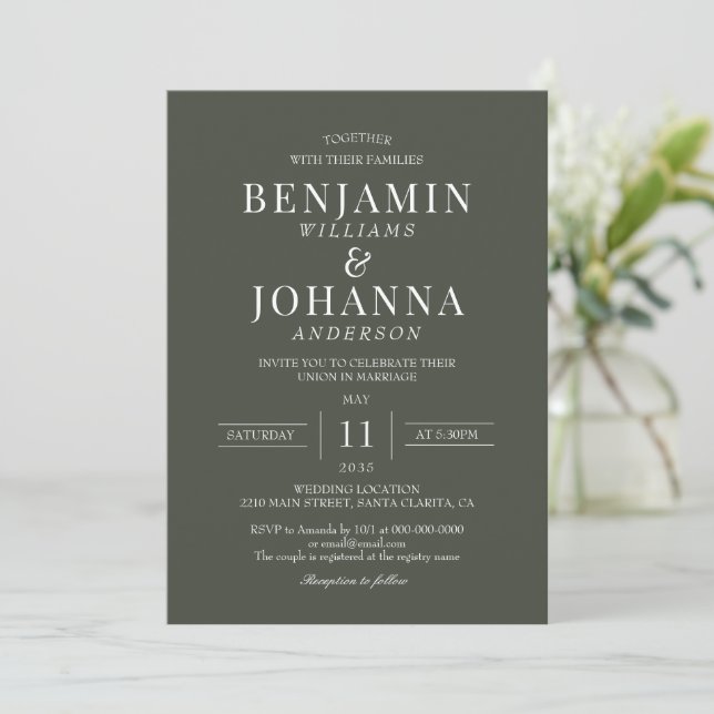 Invitación Boda verde oliva clásico elegante (Anverso de pie)