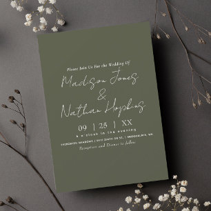 Invitación Boda verde oliva con escritura moderna mínima