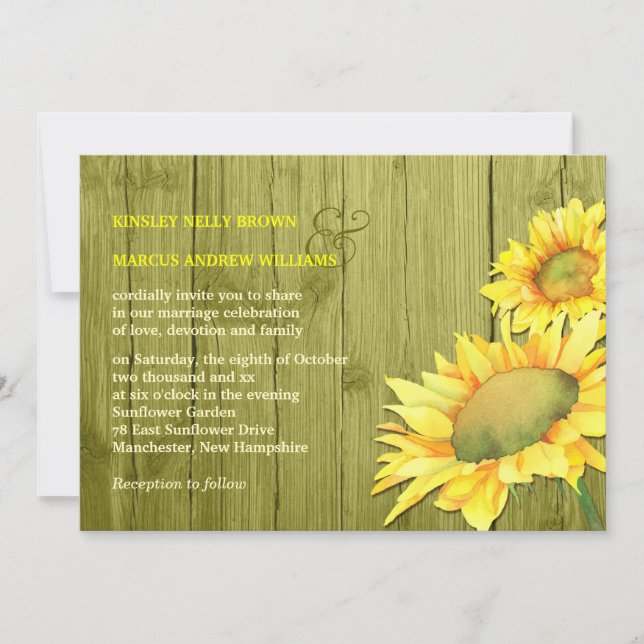 Invitación Boda verde oliva de girasoles rurales (Anverso)