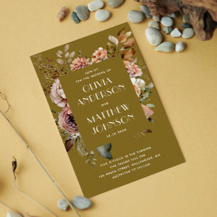 Invitación Boda Verde Oliva Dorado Detalles Florales de Oto