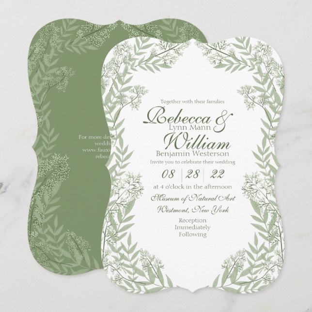 Invitación Boda verde oliva Vintage Botánico (Anverso / Reverso)