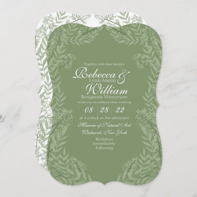 Invitación Boda verde oliva Vintage Botánico (Anverso / Reverso)