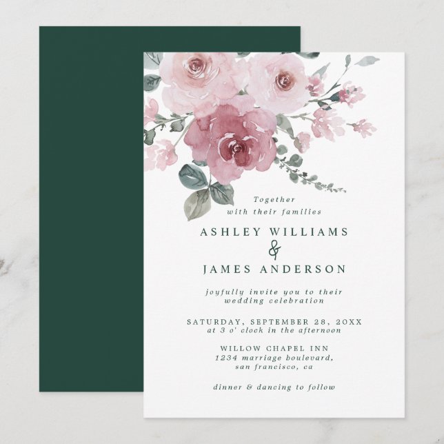 Invitación Boda verde oscuro rosa rosa rosado con polvo flora (Anverso / Reverso)
