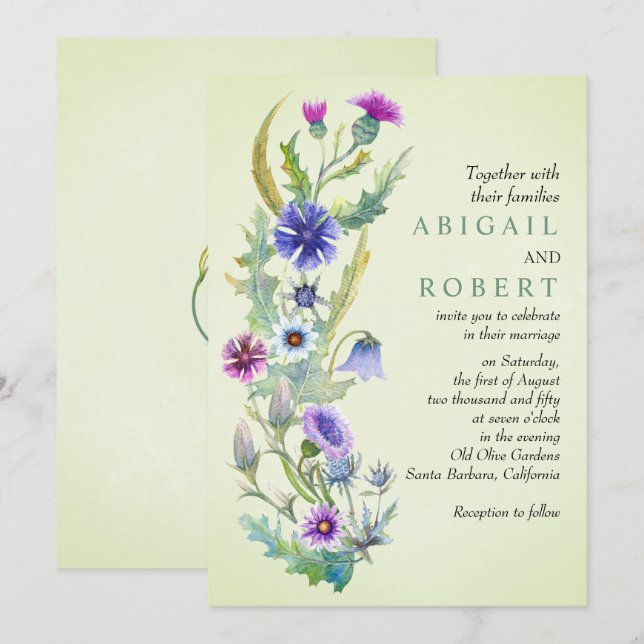 Invitación Boda verde pálido de flores silvestres acuáticas (Anverso / Reverso)