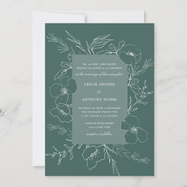 Invitación Boda verde Peony Emerald esbozado a mano (Anverso)
