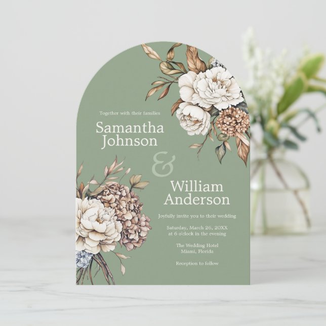 Invitación Boda Verde Peony y Hydrangea Moderno (Anverso de pie)