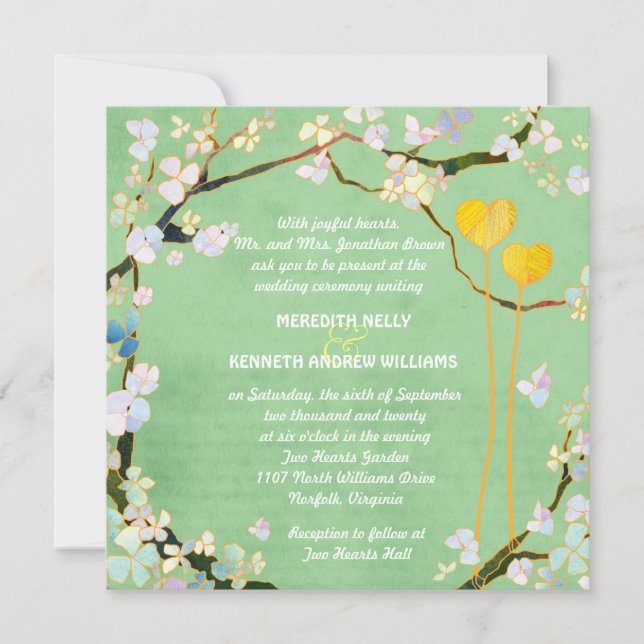 Invitación Boda Verde Pistachio Rústico De Dos Corazones (Anverso)