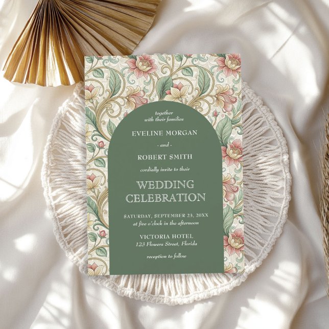 Invitación Boda verde polvoriento Art Nouveau Mucha (Vintage Dusty green Wedding Art Nouveau Mucha Invitation)