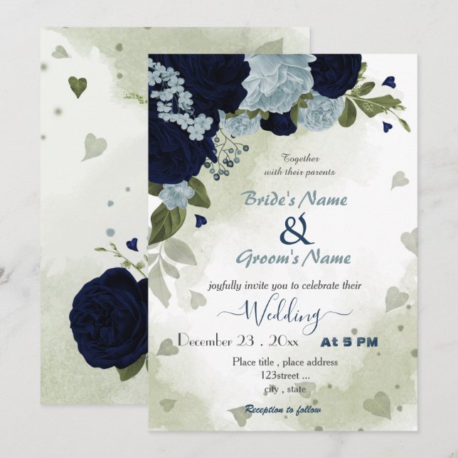 Invitación boda verde polvoriento azul y azul marino (Anverso / Reverso)