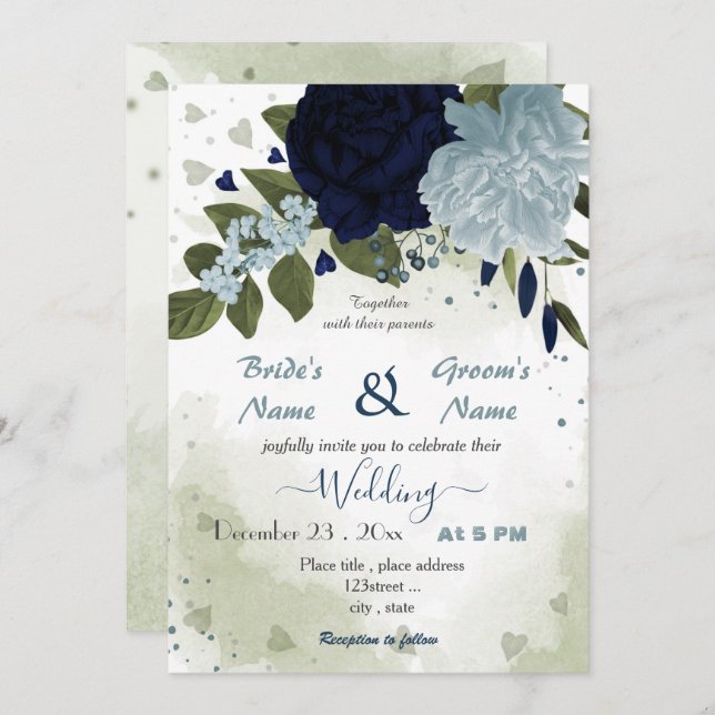 Invitación boda verde polvoriento azul y azul marino (Anverso / Reverso)