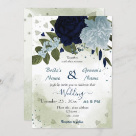 Invitación boda verde polvoriento azul y azul marino