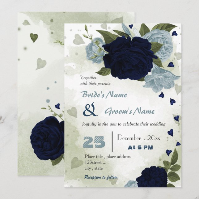 Invitación boda verde polvoriento azul y azul marino (Anverso / Reverso)