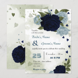 Invitación boda verde polvoriento azul y azul marino