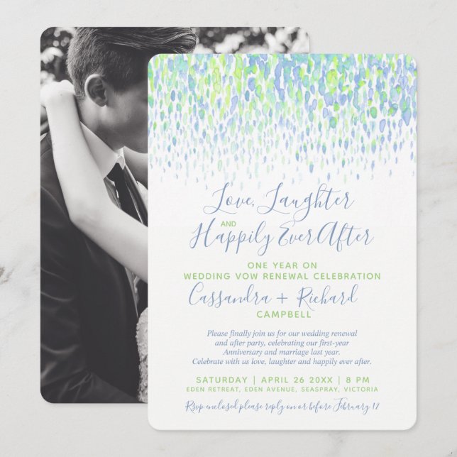 Invitación Boda Verde promete renovación 1 año después feliz (Anverso / Reverso)