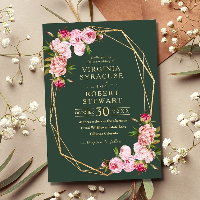 Invitación Boda verde real geométrico rosa Rubor (Subido por el creador)