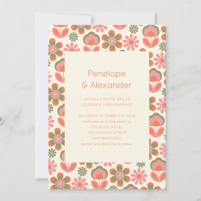 Invitación Boda verde rosa de las flores de los años 70 del r (Anverso)