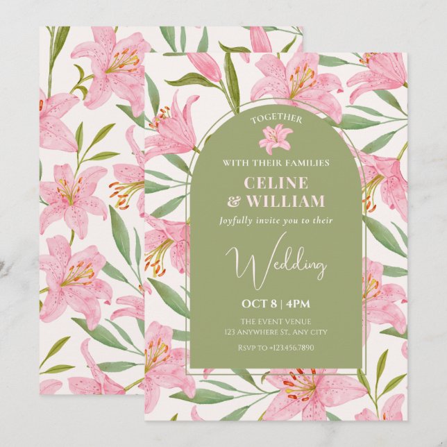 Invitación Boda verde rosa de lirio floral pastel (Anverso / Reverso)