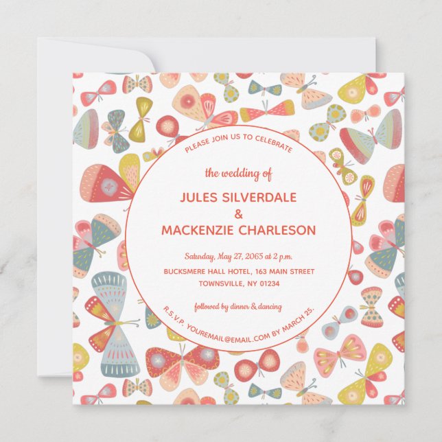 Invitación Boda verde rosa mariposa (Anverso)