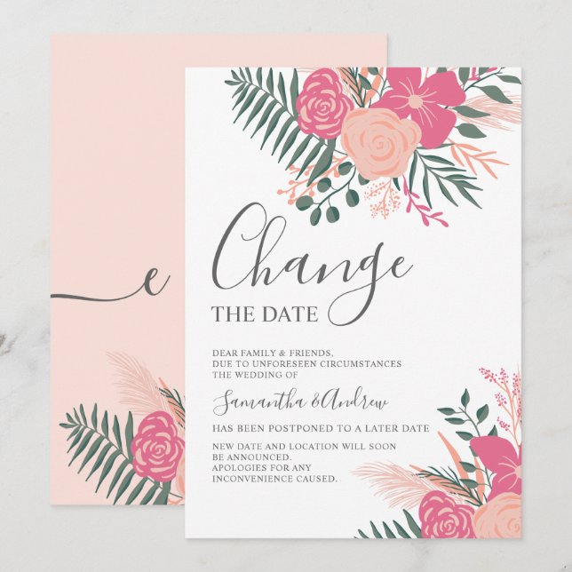 Invitación boda verde rosa primavera moderno cambiar la fecha (Anverso / Reverso)