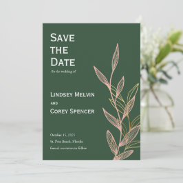 Invitación Boda verde rosa y hoja de oro salva la fecha