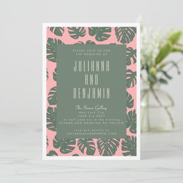 Invitación Boda verde rosado de la planta de hojas de Monster (Anverso de pie)