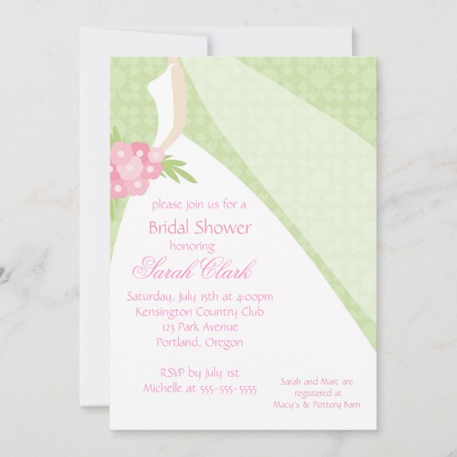 Invitación Boda verde rosado vestido ducha de novia (Anverso)