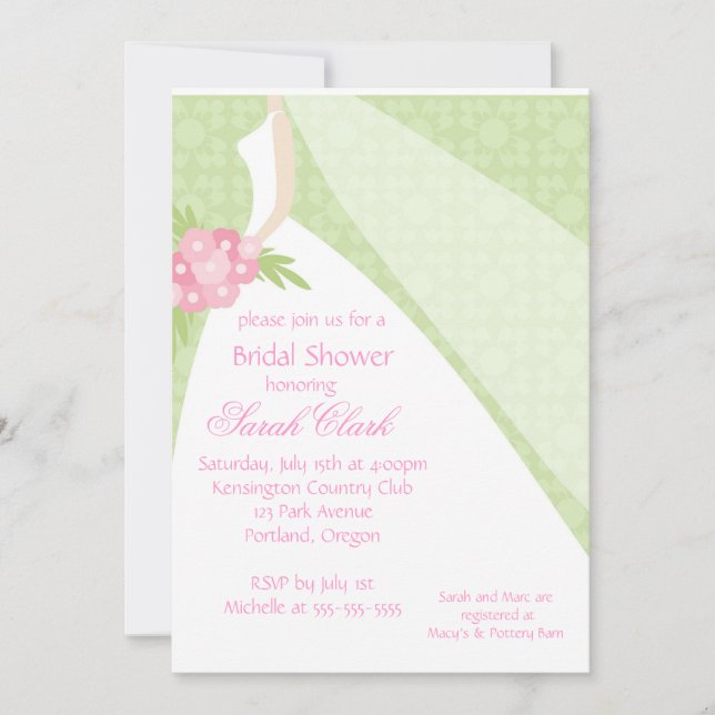 Invitación Boda verde rosado vestido ducha de novia (Anverso)