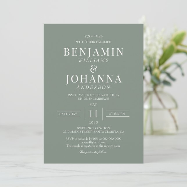 Invitación Boda verde sabio clásico elegante (Anverso de pie)