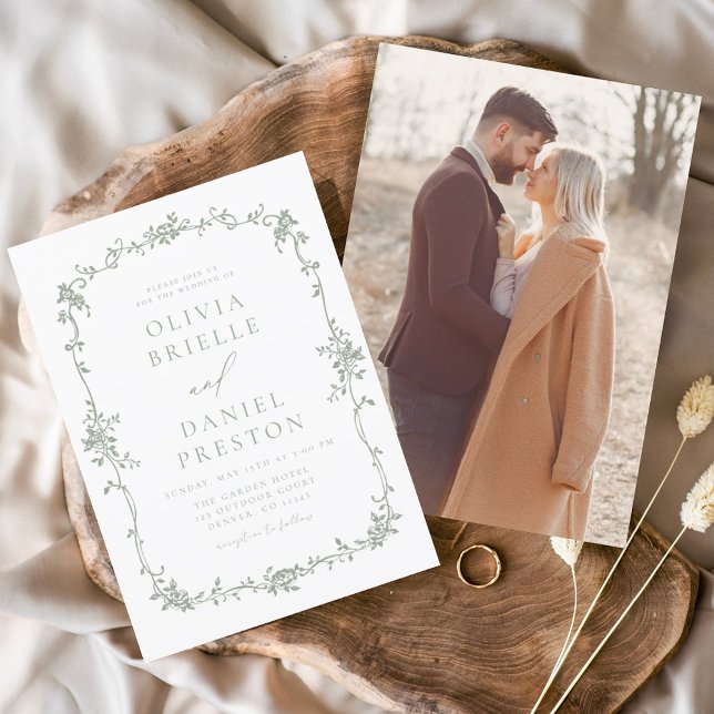 Invitación Boda verde sabio de foto francesa de época victori (Subido por el creador)