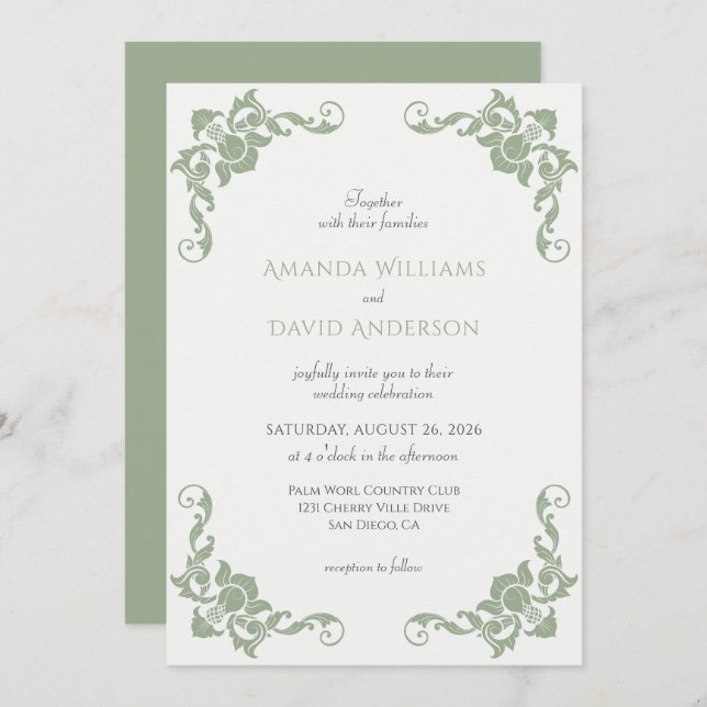 Invitación Boda verde sabio de Victoria (Anverso / Reverso)