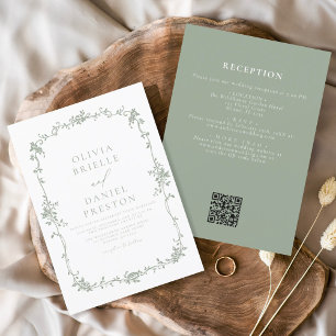 Invitación Boda verde sabio del código QR de la época victori