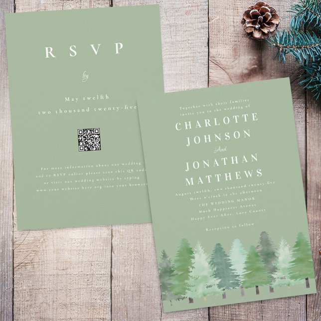 Invitación Boda verde sabio del código QR del bosque de bosqu (Modern watercolor Woodland pine forest sage green wedding qr code invitation Simple evergreen trees)