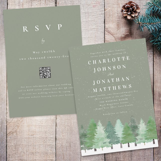 Invitación Boda verde sabio del código QR del bosque de invie (Modern watercolor snowy Woodland forest sage green winter wedding qr code invitation)