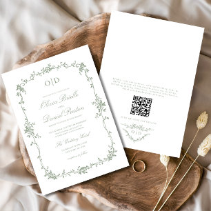 Invitación Boda verde sabio del código QR francés victoriano