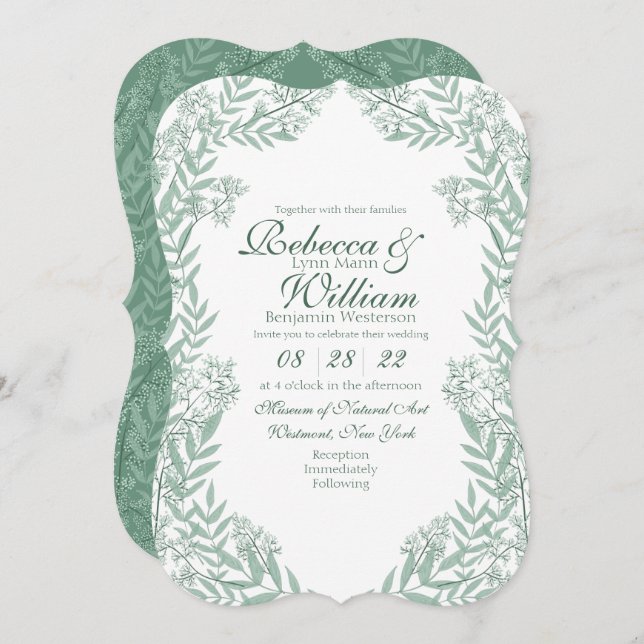 Invitación Boda verde sabio Vintage Botánico (Anverso / Reverso)