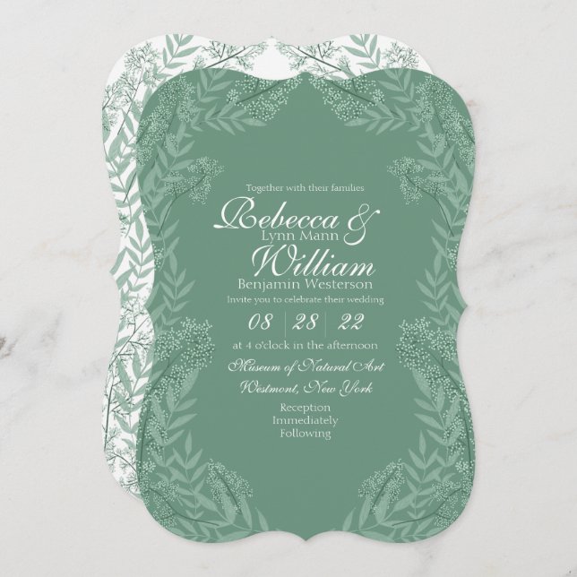 Invitación Boda verde sabio Vintage Botánico (Anverso / Reverso)