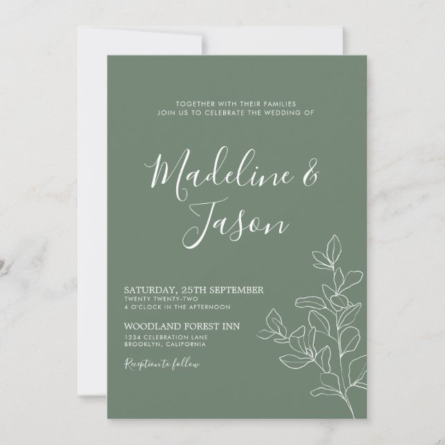 Invitación Boda Verde Sage Profundo Froral Simple (Anverso)