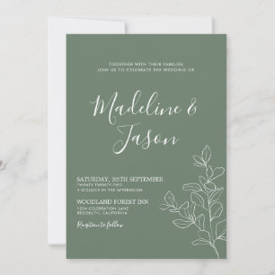 Invitación Boda Verde Sage Profundo Froral Simple