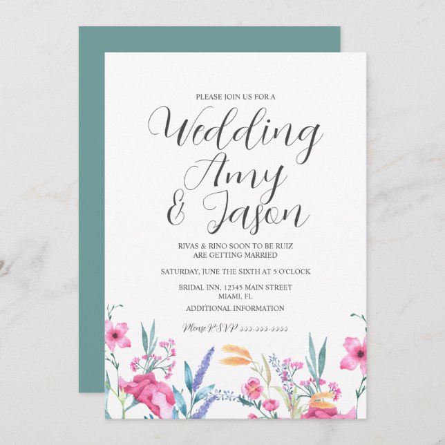 Invitación Boda verde silencioso de flores silvestres acuarel (Anverso / Reverso)
