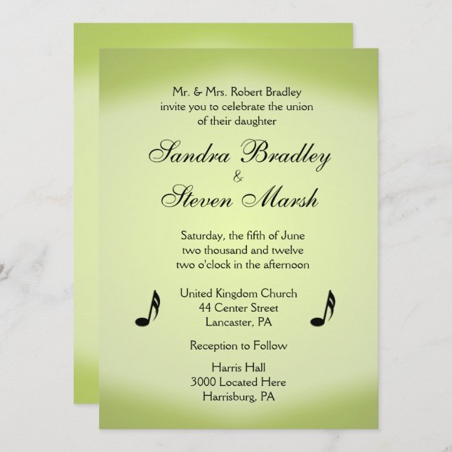 Invitación Boda verde tema musical (Anverso / Reverso)