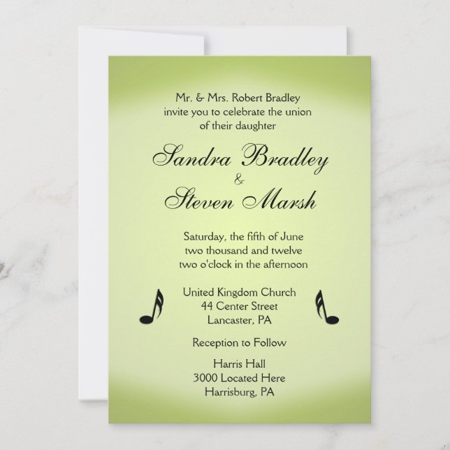 Invitación Boda verde tema musical (Anverso)