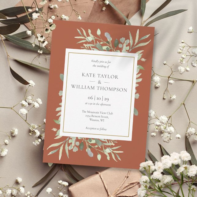 Invitación Boda Verde Terracota Dorado (Terracotta Greenery Foliage Gold Wedding Invitation)