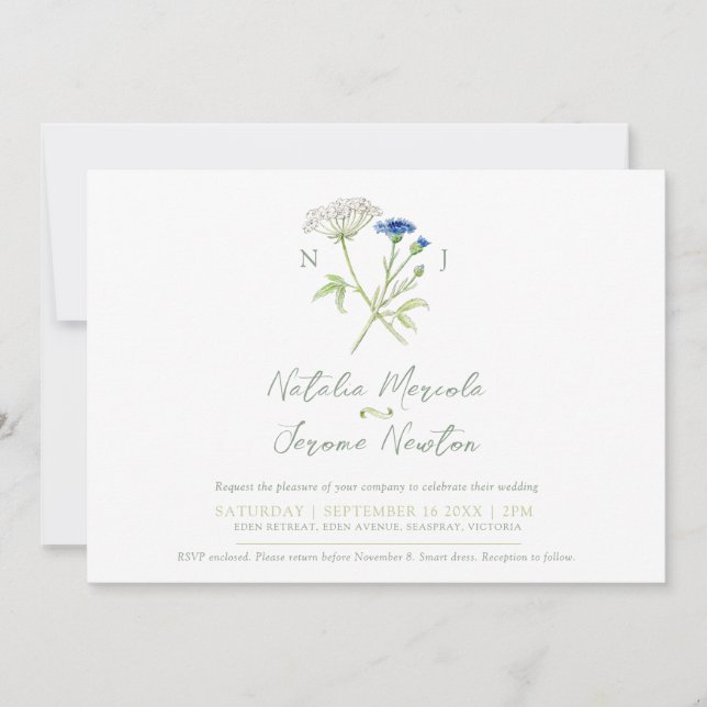 Invitación Boda verde verde blanco botánico de Cornflower har (Anverso)