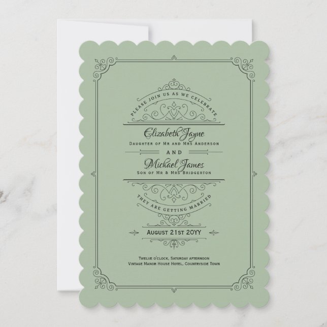Invitación Boda Verde Vintage Regency Sage (Anverso)