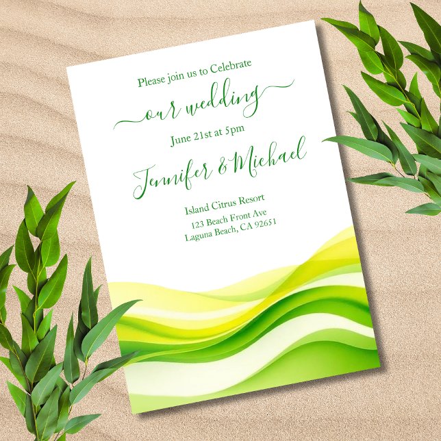 Invitación Boda Verde y Amarillo de Cítrico Isleño (Island Citrus Green and Yellow Wedding Invitation)